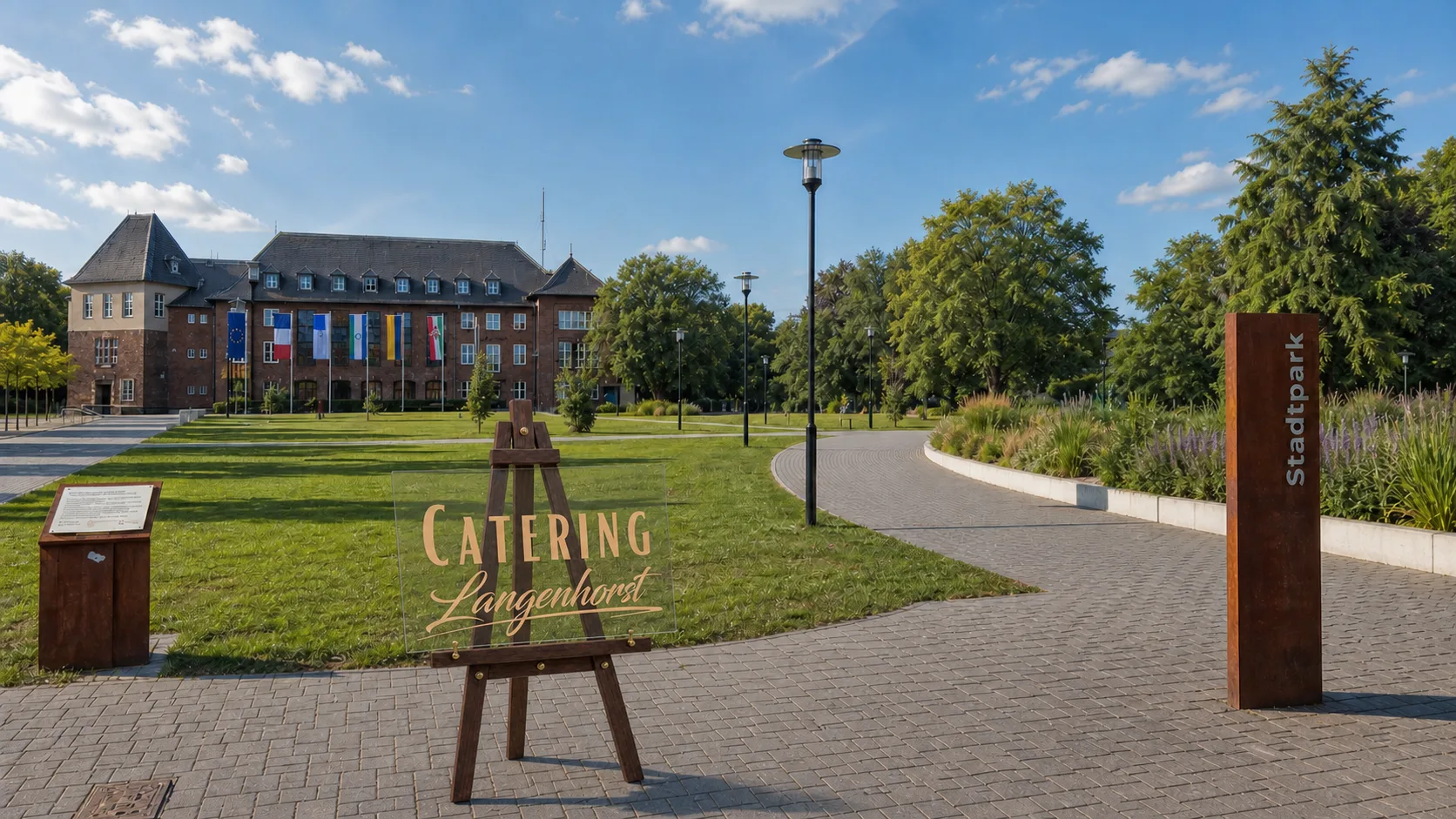 Aufsteller von Catering Langenhorst auf einem Platz in Dinslaken