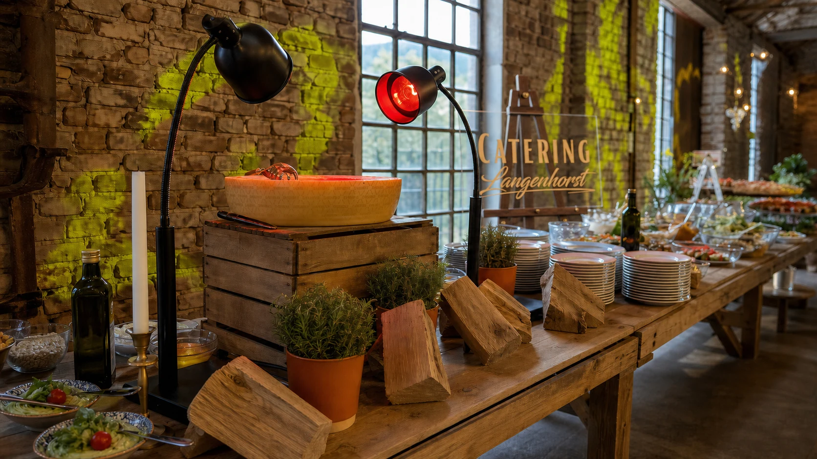 Käsestation mit Wärmelampen und Aufsteller von Catering Langenhorst für Catering in Bedburg-Hau