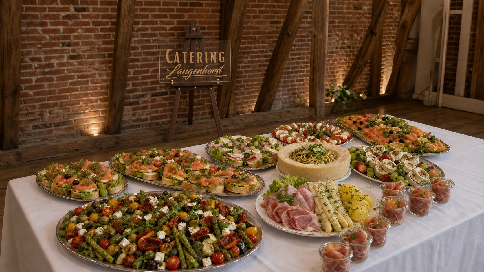 Gedeckte Tafel mit Buffetvielfalt und Aufsteller von Catering Langenhorst in Voerde