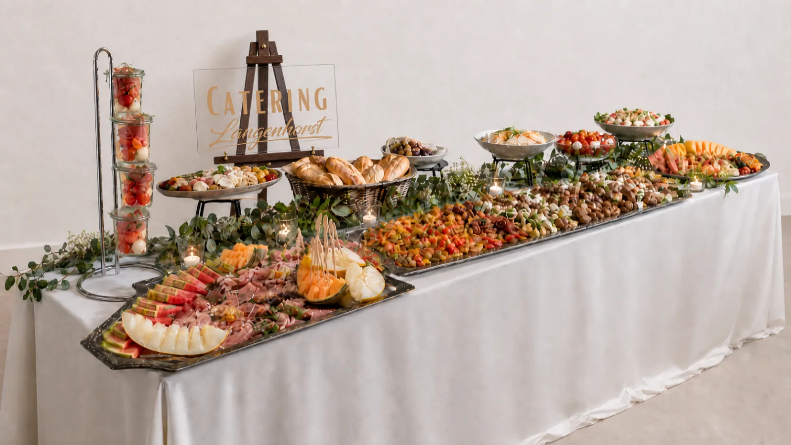 Antipasti-Buffet von Catering Langenhorst mit Melone, Schinken und Tomate-Mozzarella für Ihre Feier im Liederner Saal
