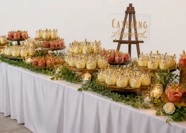 Dessertbuffet von Catering Langenhorst mit Cremes und Früchten im Glas für Ihre Feier im Liederner Saal