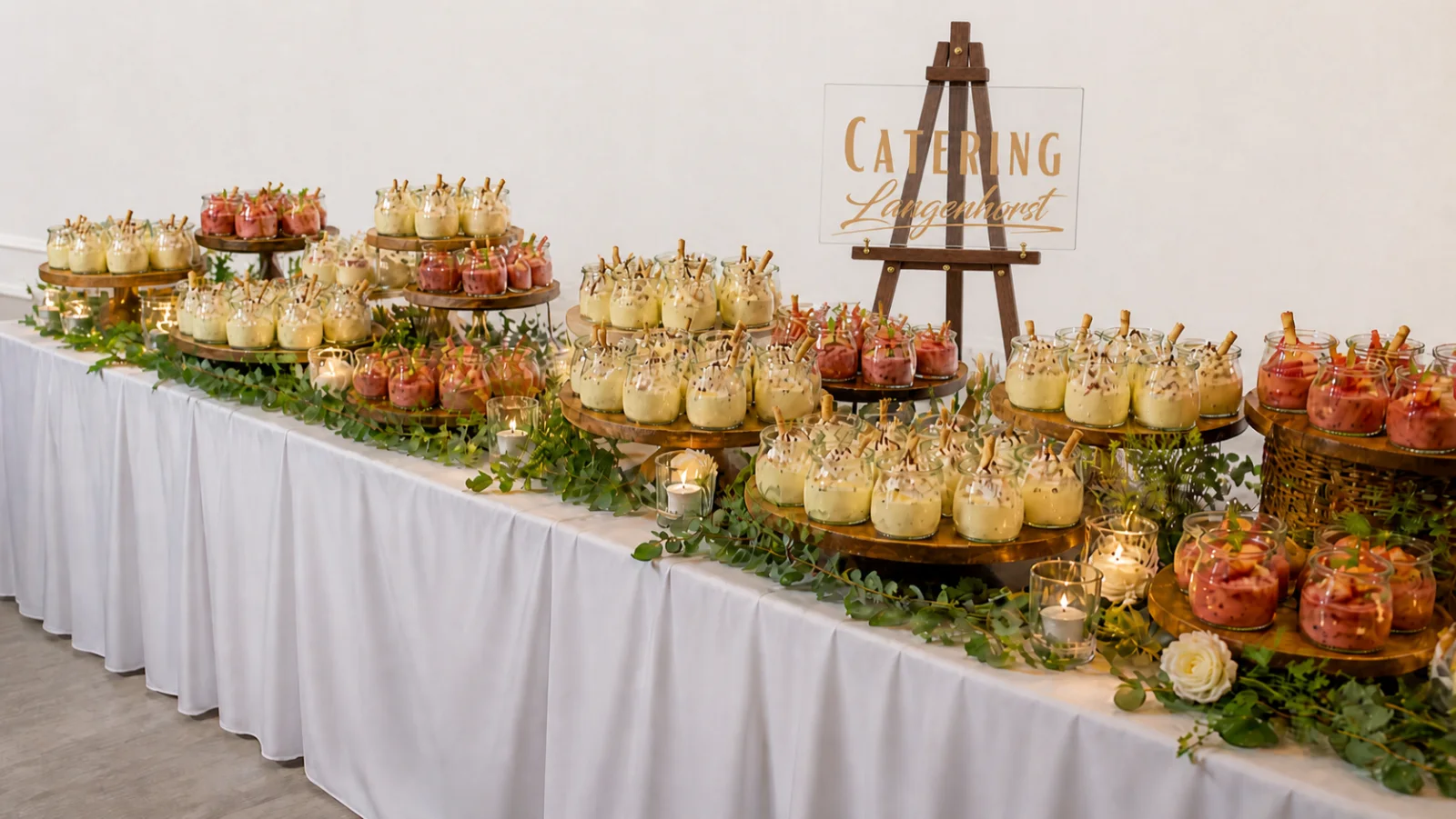 Dessertbuffet von Catering Langenhorst mit Cremes und Früchten im Glas für Ihre Feier im Liederner Saal