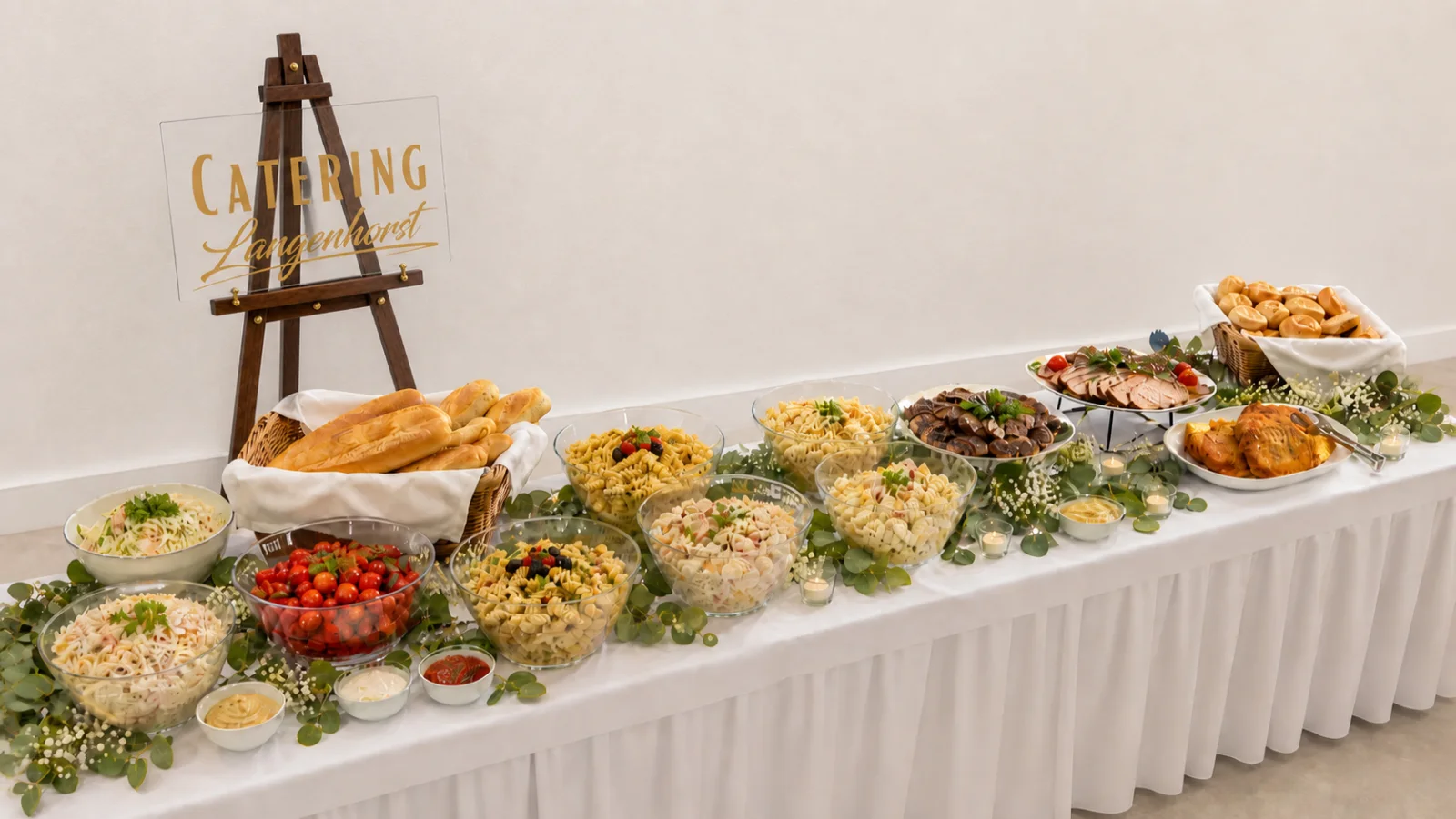 Salat- und Grillbuffet von Catering Langenhorst mit Beilagensalaten, Brot und Fleisch für Ihre Feier im Liederner Saal