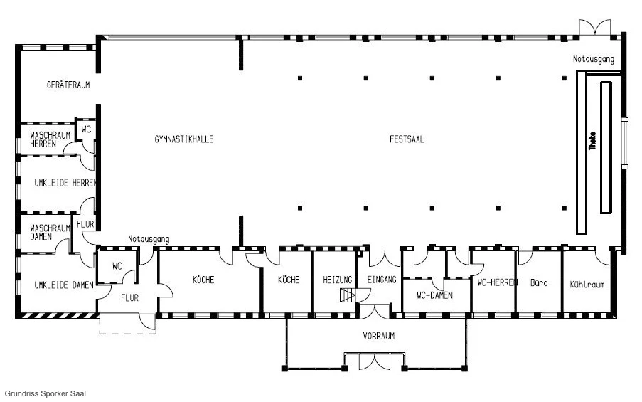 Grundriss Sporker Saal mit Festsaal, Gymnastikhalle und Nebenräumen